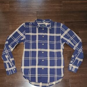 Lucky Brand Saturday Stretch Navy & Tan Plaid Button Down Shirt Mens Small